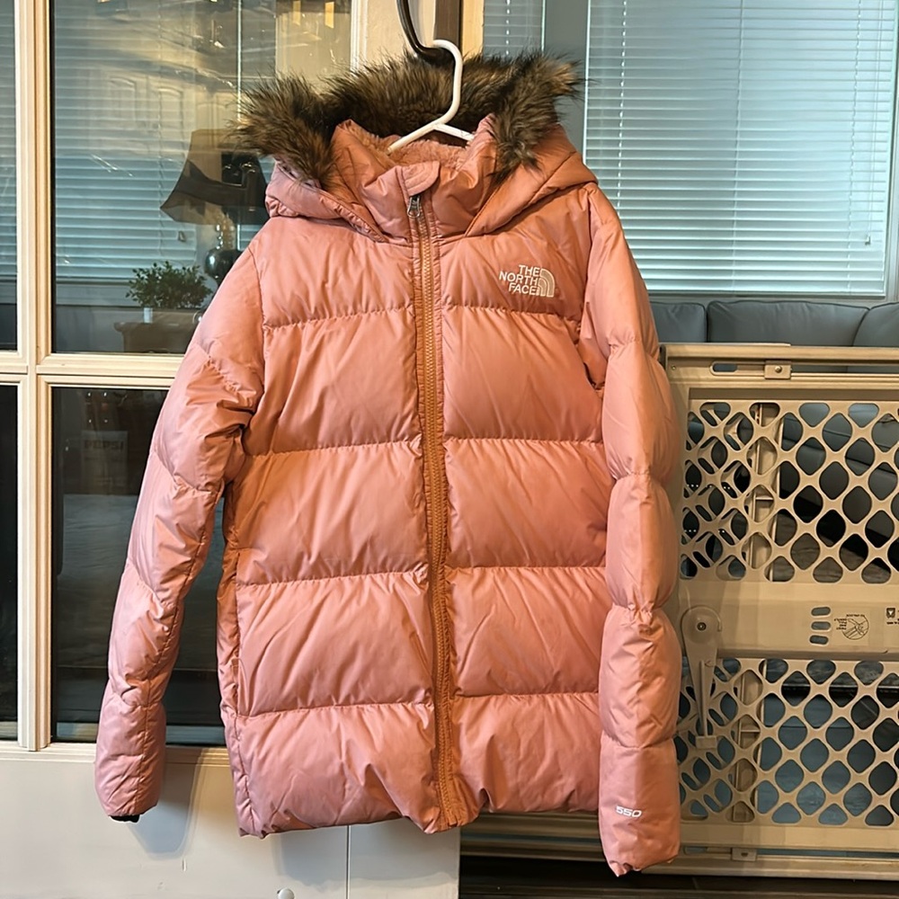 Girls pink north face puffer coat